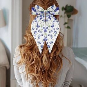 Blueberry Print Bow Hair Clip – Cottagecore Blue & White Ribbon Barrette